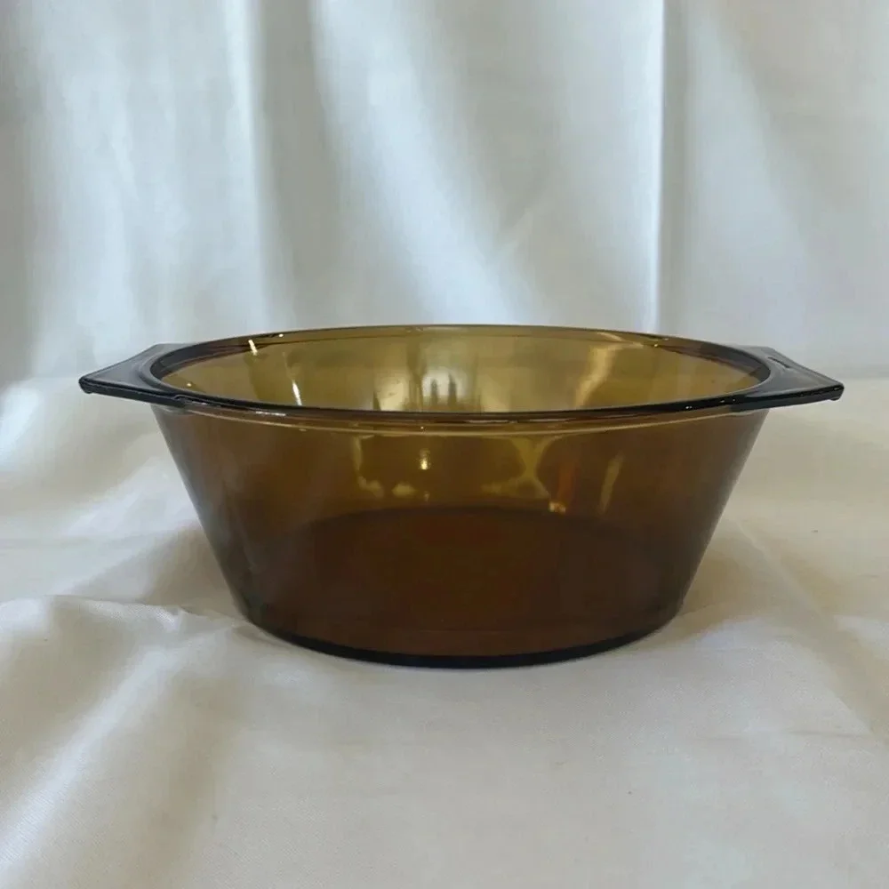VTG 1970s Arcopal France Smokey Yellow Glass Round Bakeware Serving Dish Handles